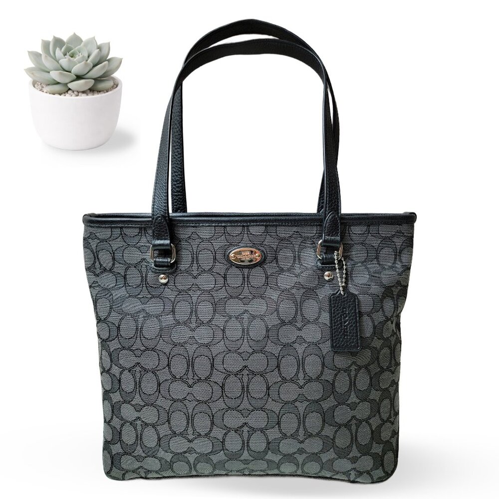 COACH Signature Canvas Tote Bag Black Gray Leather Trim Hangtag